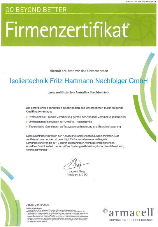 Firmenzertifikat, Isoliertechnik F. Hartmann wurde von armacell zum zertifizierten Armaflex Fachbetrieb erklärt